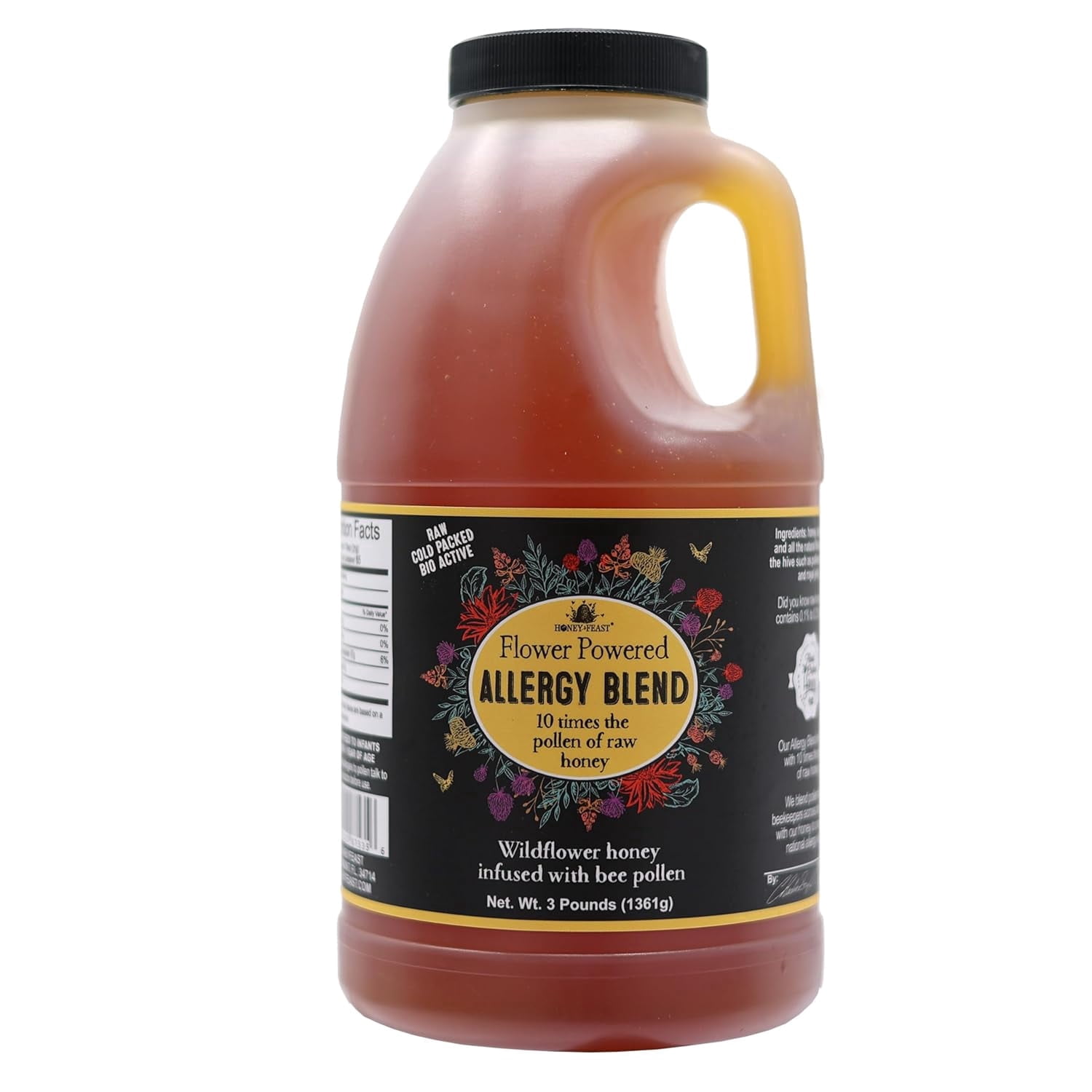 HONEY FEAST 3 Pounds Allergy Blend Honey - Premium American Honey, Floridian Origin, Raw & Unfiltered, Enhanced Pollen Content, Beekeeper Crafted in Central Florida Apiary