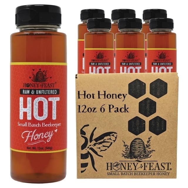 HONEY FEAST 6-Pack Hot Honey 12OZ Jars (Pack of 6) - Exquisite Spicy and Sweet Sauce Combo, Multi-Pack Hot Honey for Culinary Adventures, A Must-Have for Spicy Gourmet Gift Sets