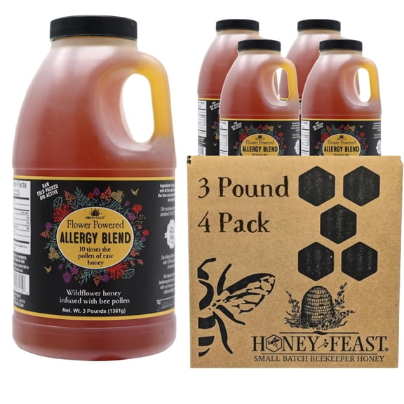 HONEY FEAST Allergy Blend Honey 3 Pounds (Pack of 4), Raw & Unfiltered – Premium Floridian with Enhanced Pollen Content