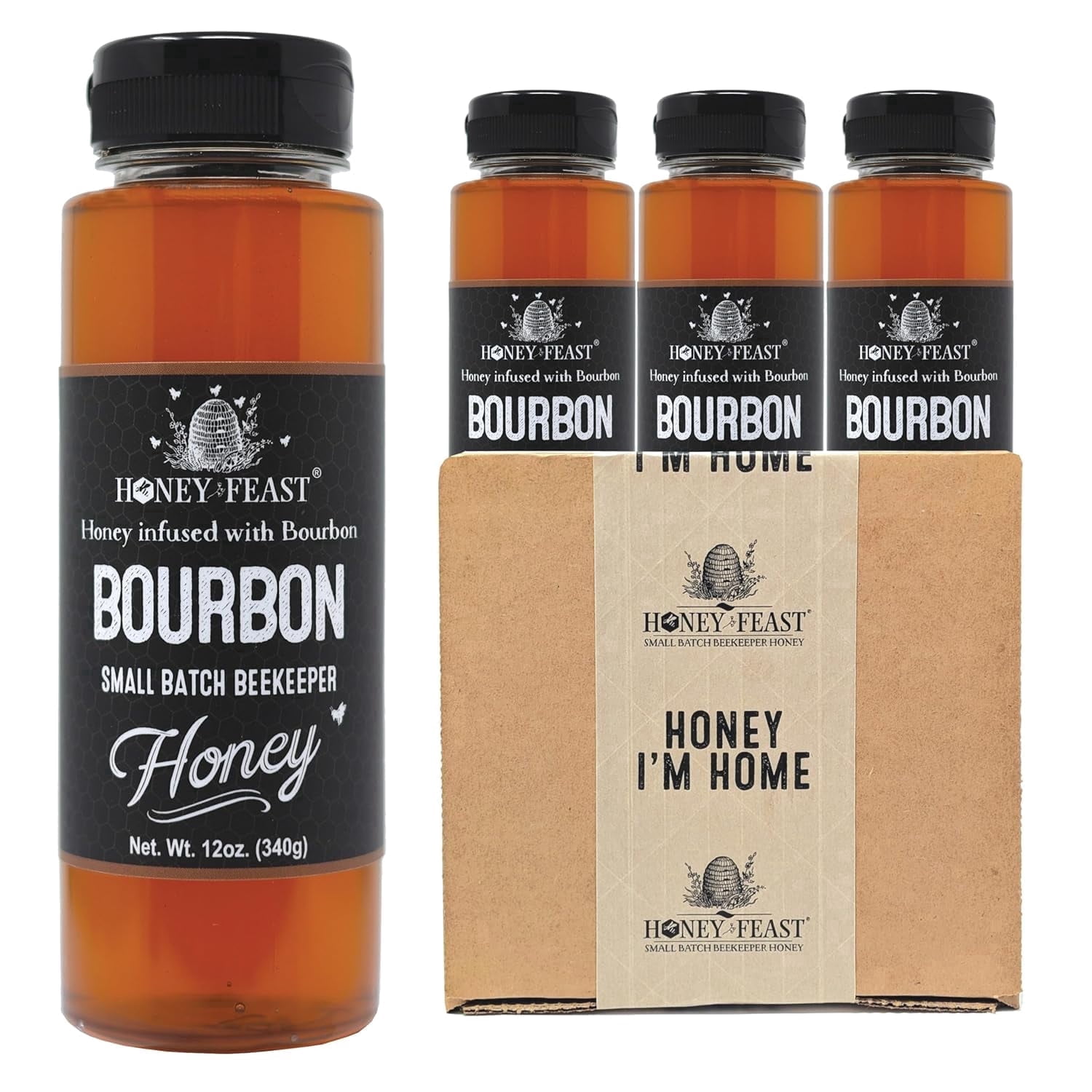 HONEY FEAST Bourbon Honey 12oz (Pack of 3) | Artisanal Small Batch Raw Honey