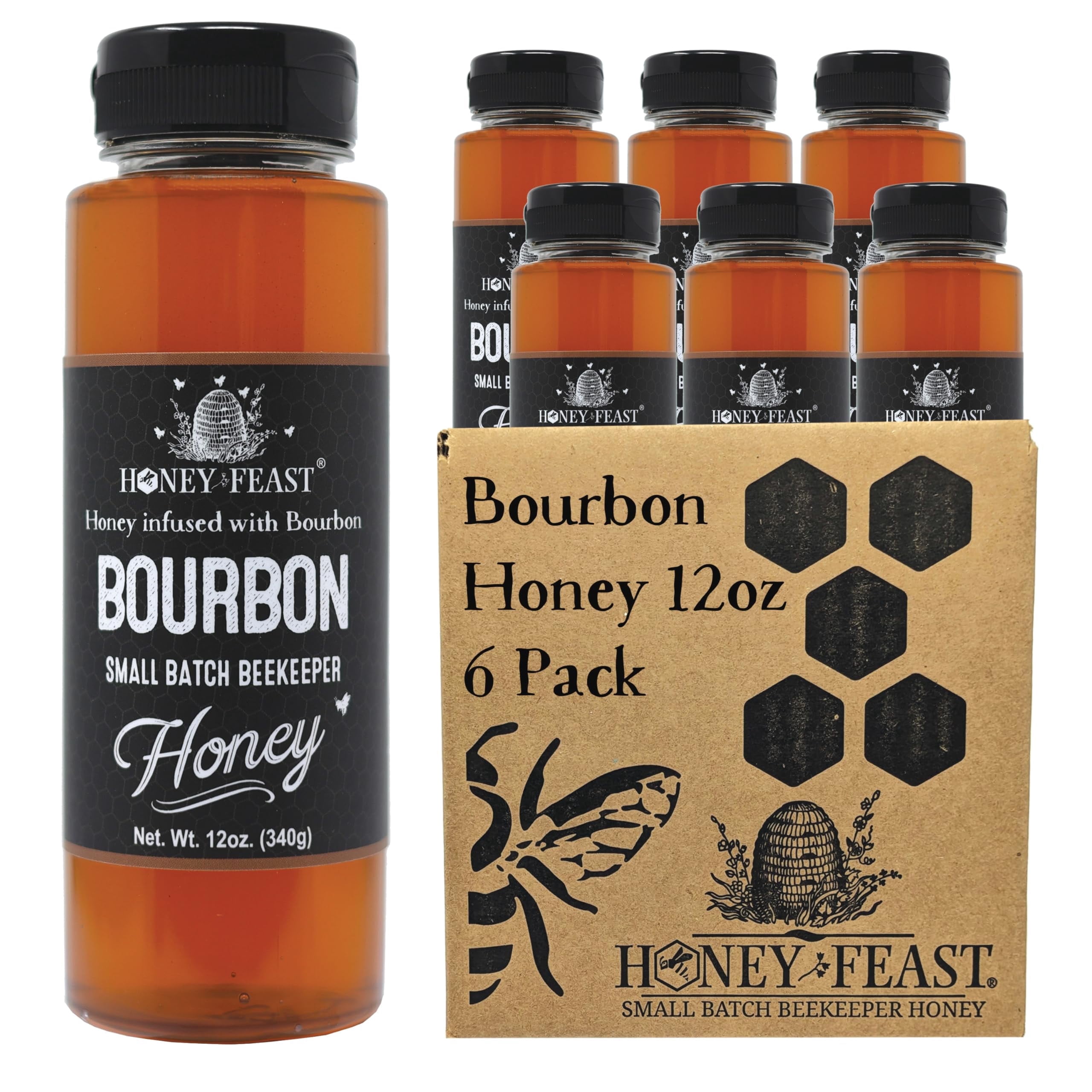 HONEY FEAST Bourbon Honey 12oz (Pack of 6) | Artisan Raw Honey with Bourbon Infusion | Specialty Flavor for Gourmet Lovers | Distinctive Gift Set