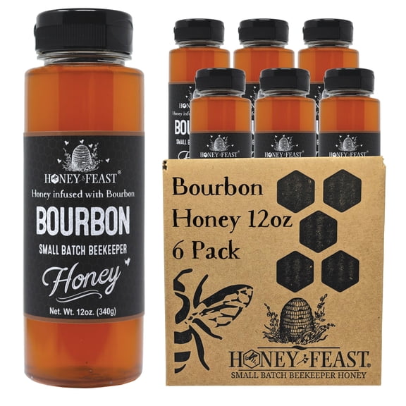 HONEY FEAST Bourbon Honey 12oz (Pack of 6) | Artisan Raw Honey with Bourbon Infusion | Specialty Flavor for Gourmet Lovers | Distinctive Gift Set