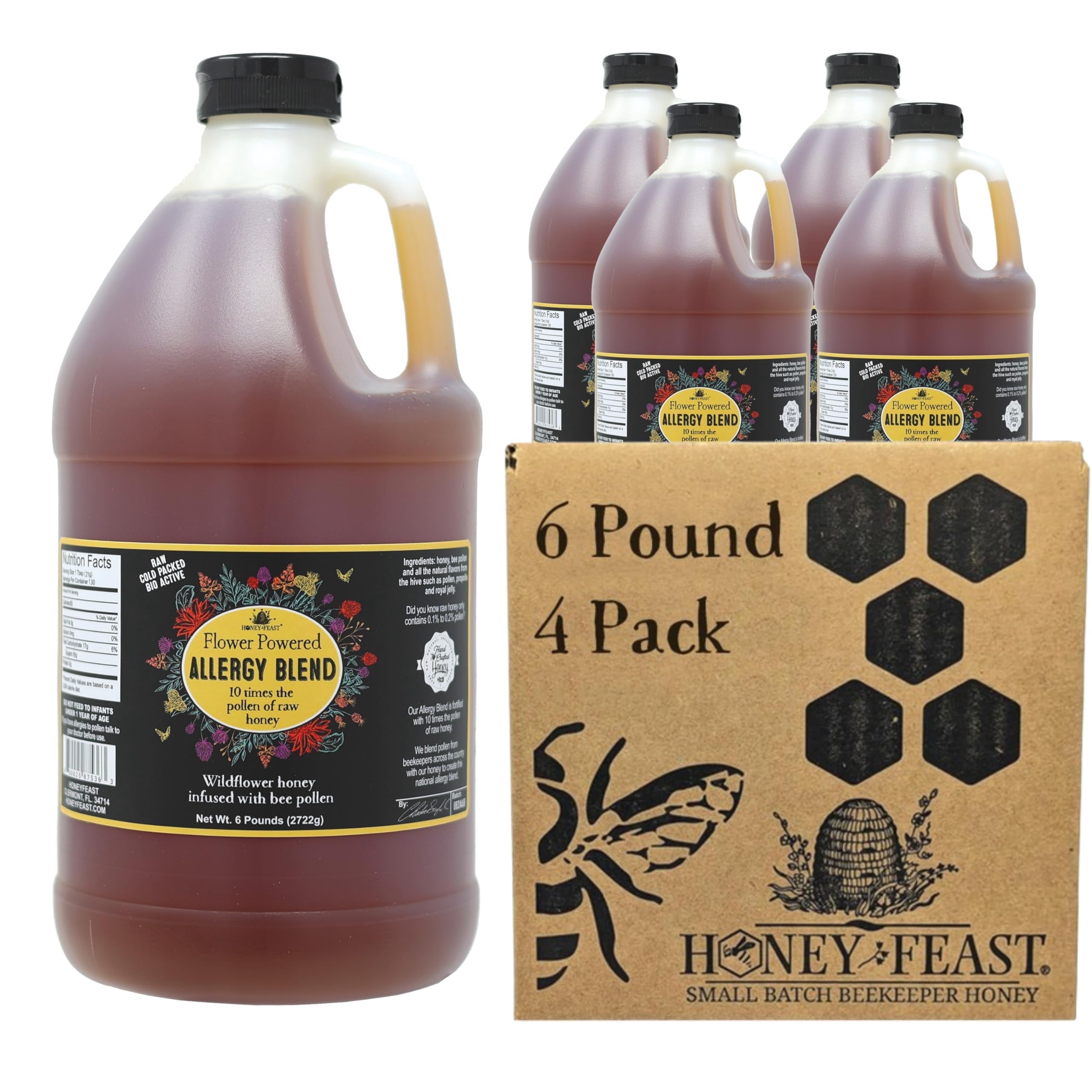 HONEY FEAST Bulk Allergy Blend Honey, 6 Pounds (Pack of 4) - Vast American Honey, Florida Crafted, Raw & Unfiltered, High Pollen Content, Directly from Central Florida Beekeepers