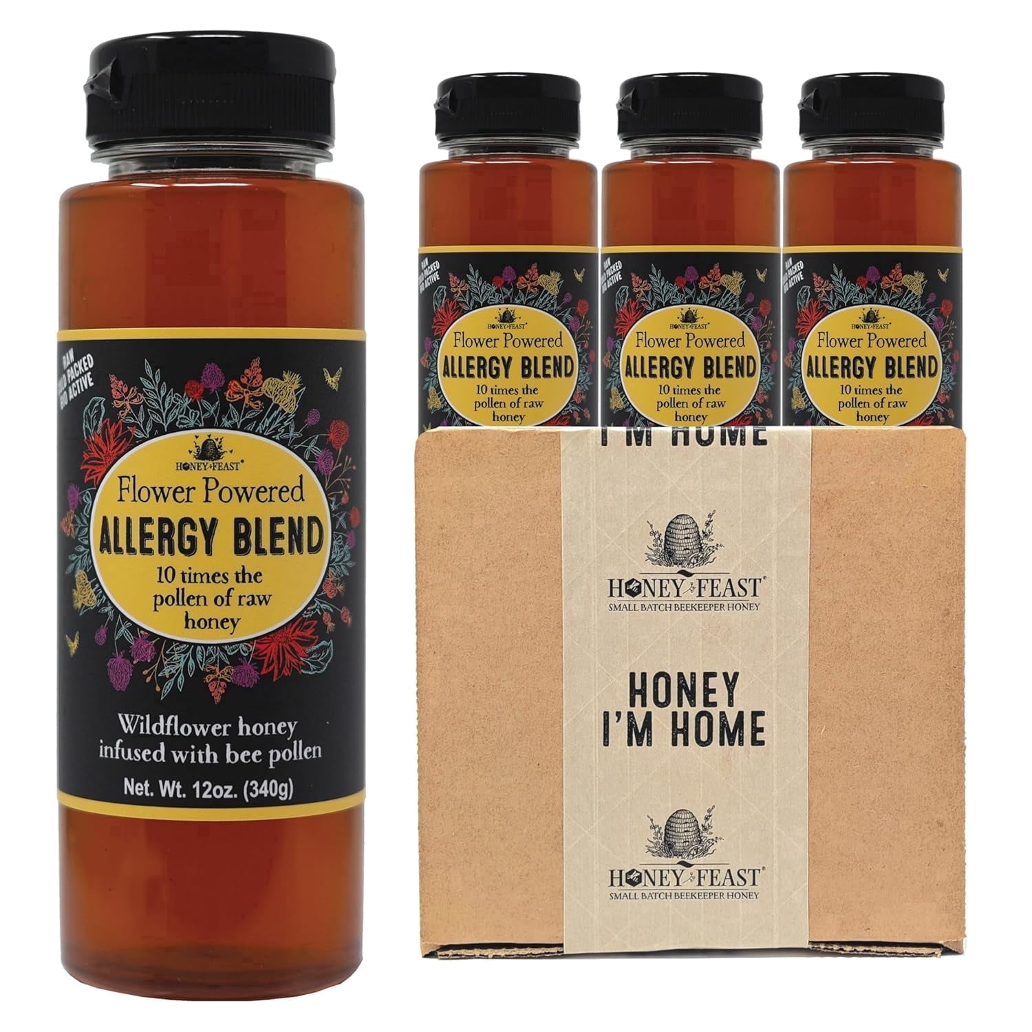 HONEY FEAST Bulk Case Allergy Blend Honey, 12oz Jars (3-Pack) - Artisanal American Honey, Raw & Unfiltered, Enhanced Pollen, Florida Beekeepers' Craft
