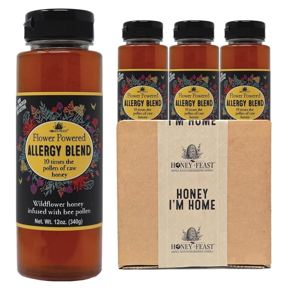 HONEY FEAST Bulk Case Allergy Blend Honey, 12oz Jars (3-Pack) - Artisanal American Honey, Raw & Unfiltered, Enhanced Pollen, Florida Beekeepers' Craft
