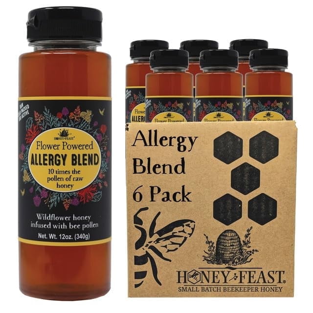HONEY FEAST Bulk Case Allergy Blend Honey, 12oz Jars (6-Pack) - Artisanal American Honey, Raw & Unfiltered, Enhanced Pollen, Florida Beekeepers' Craft