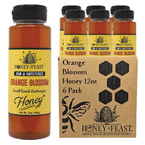 HONEY FEAST Bulk Raw Orange Blossom Honey, 12 OZ Jar (Pack of 6), Natural, Pure Citrus Honey | More Value in Every Case