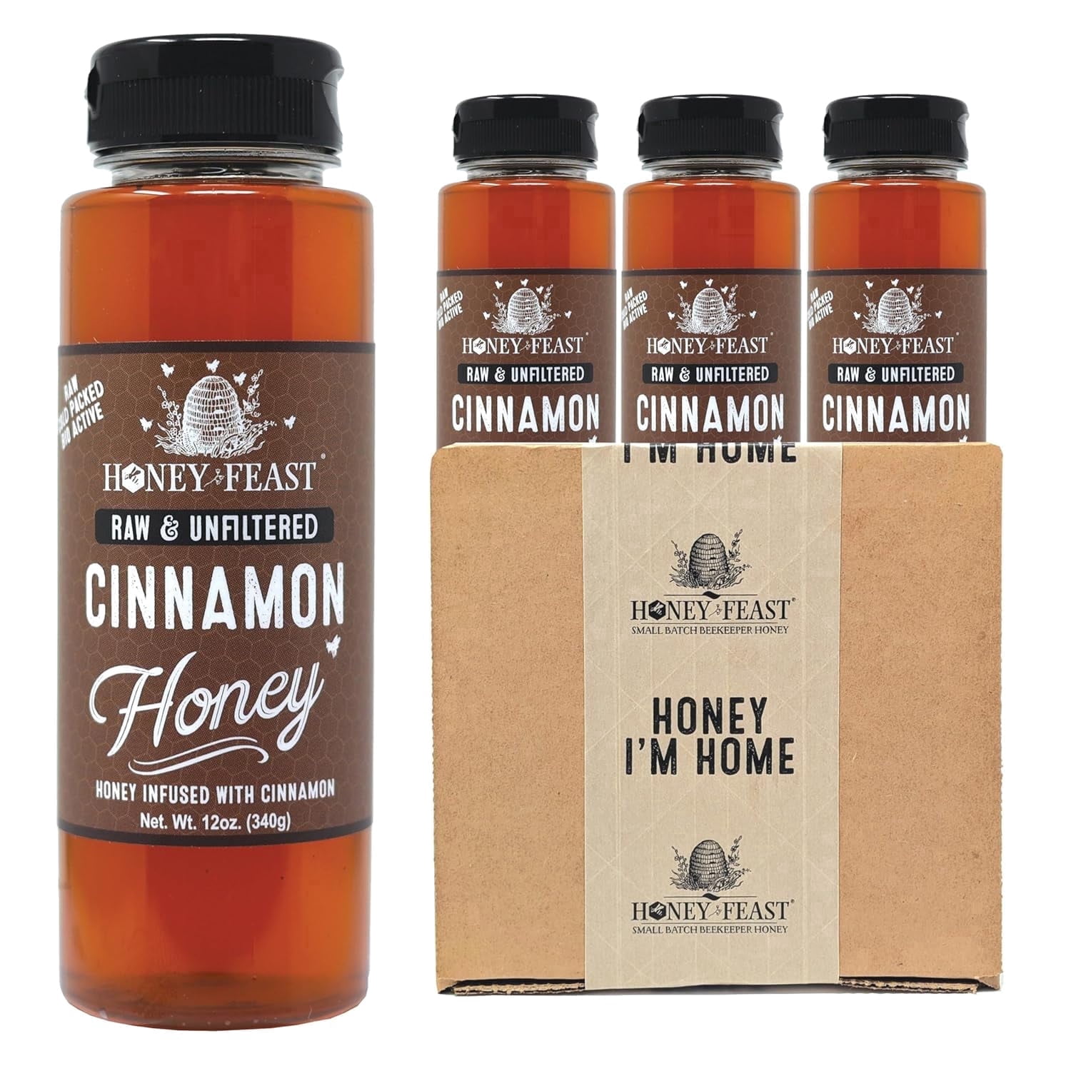 HONEY FEAST Cinnamon Honey 12oz (Pack of 3)– Organic Cinnamon Infusion, Pure Honey, Unfiltered Sweetness, Ideal for Beverages, Baking, and Spreading