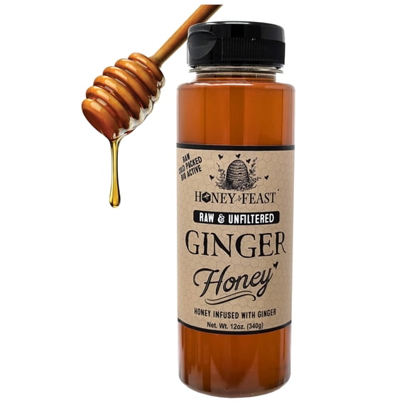 HONEY FEAST Ginger Honey 12 oz | Natural Ginger RootInfused Raw Honey | Unfiltered Florida Sweetener for Tea & Cooking