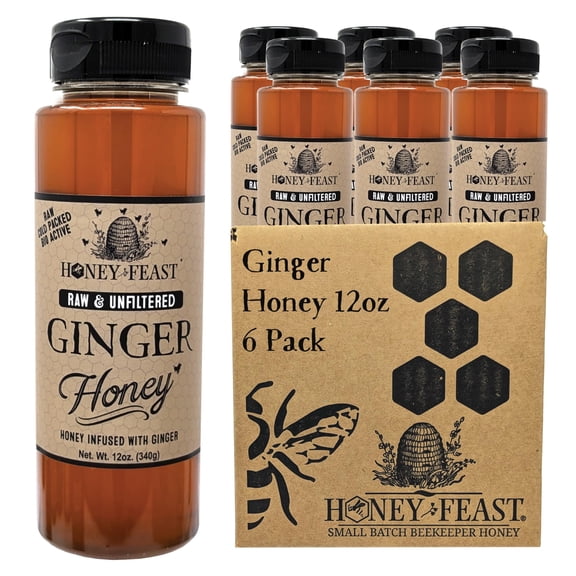 HONEY FEAST Ginger Honey 12OZ (Pack of 6) - Pure Ginger Root Enhanced Raw Honey