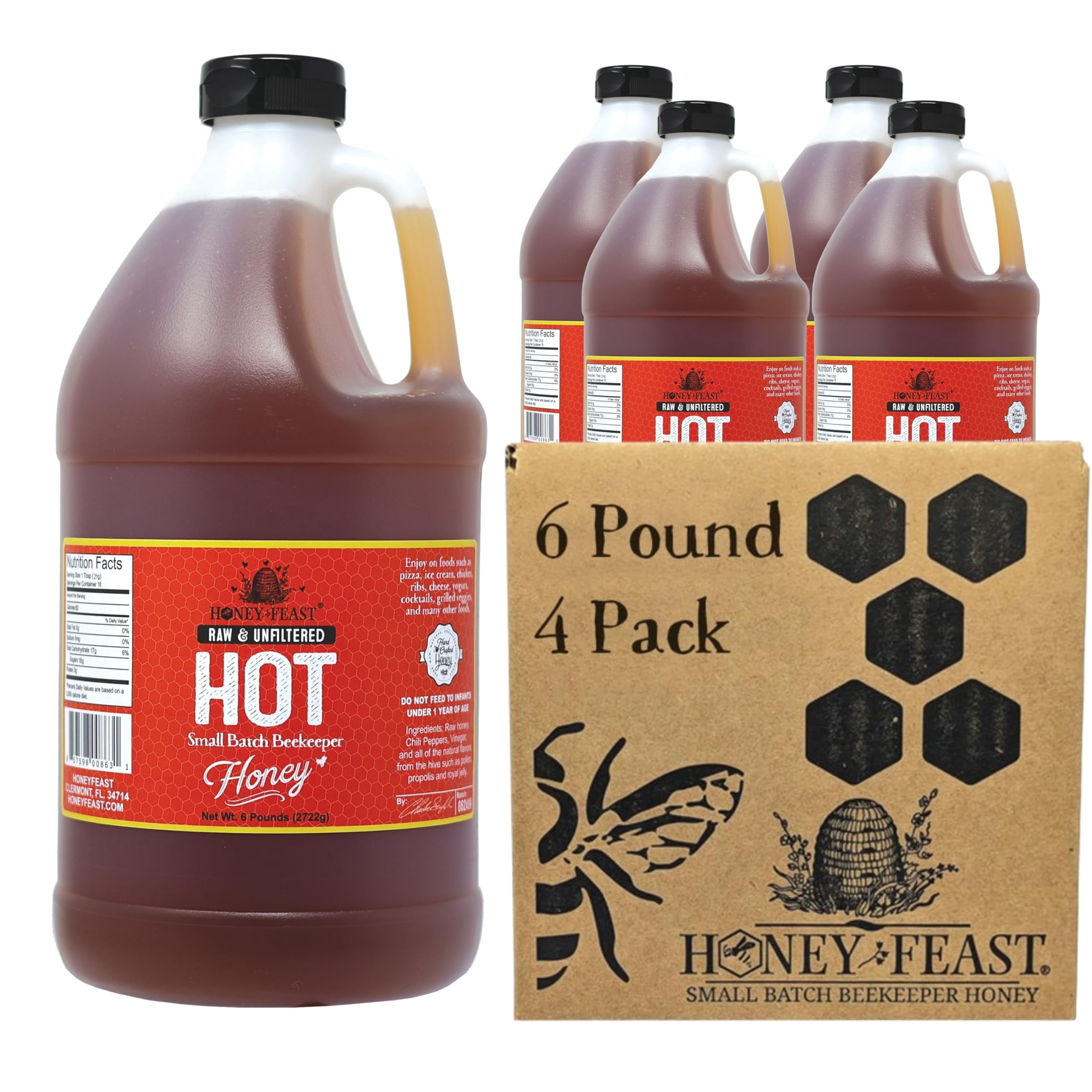 HONEY FEAST Hot Honey 6 Pounds (Pack of 4) - Spicy Honey Infusion for Enthusiasts, Perfect Gourmet Hot Honey Sauce, Ideal for Spicy Food Lovers and Foodie Gift Sets