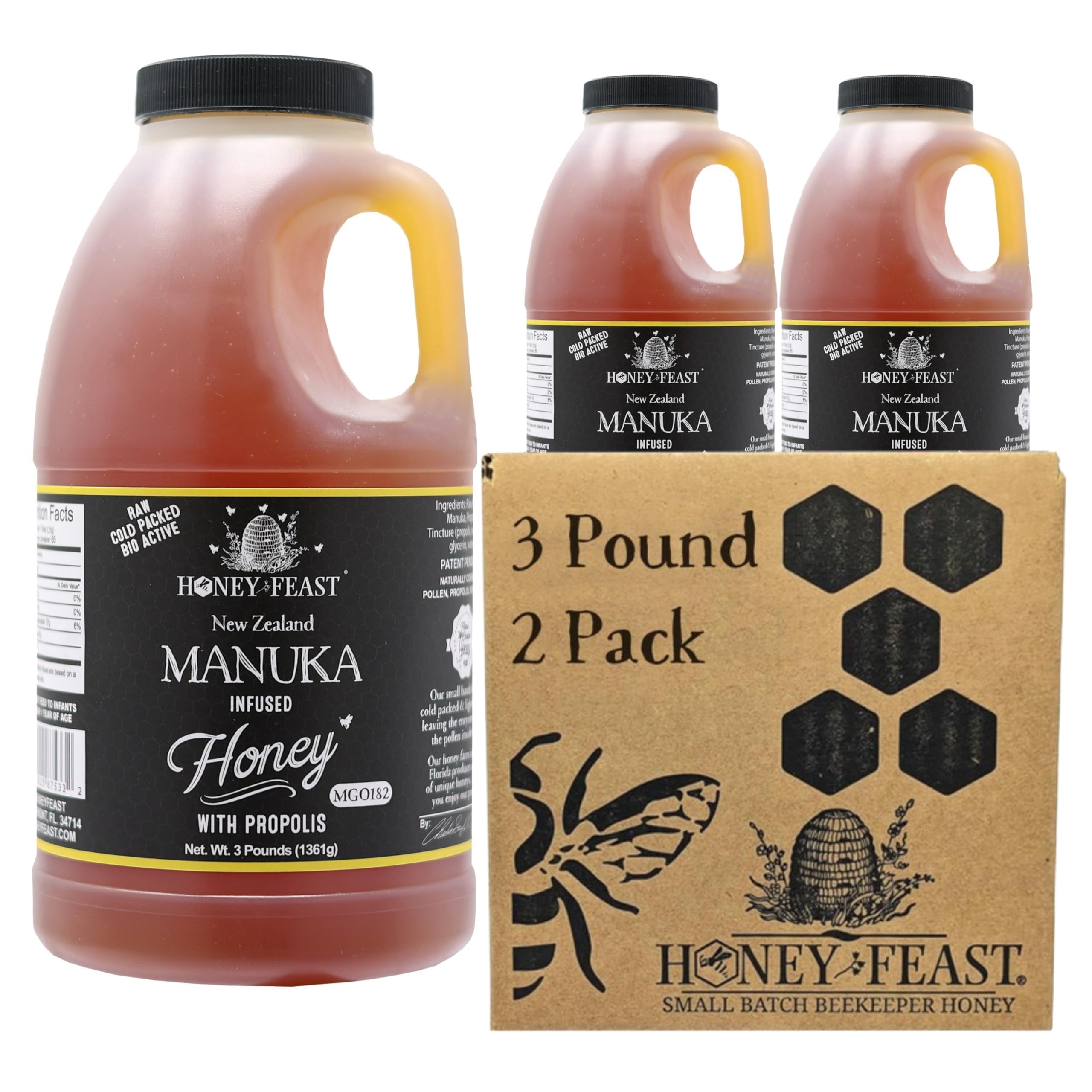 HONEY FEAST Manuka & Propolis Infused Honey 3 Pounds (Pack of 2), MGO 182 – New Zealand Manuka Blend with Propolis, Patent-Pending Formula