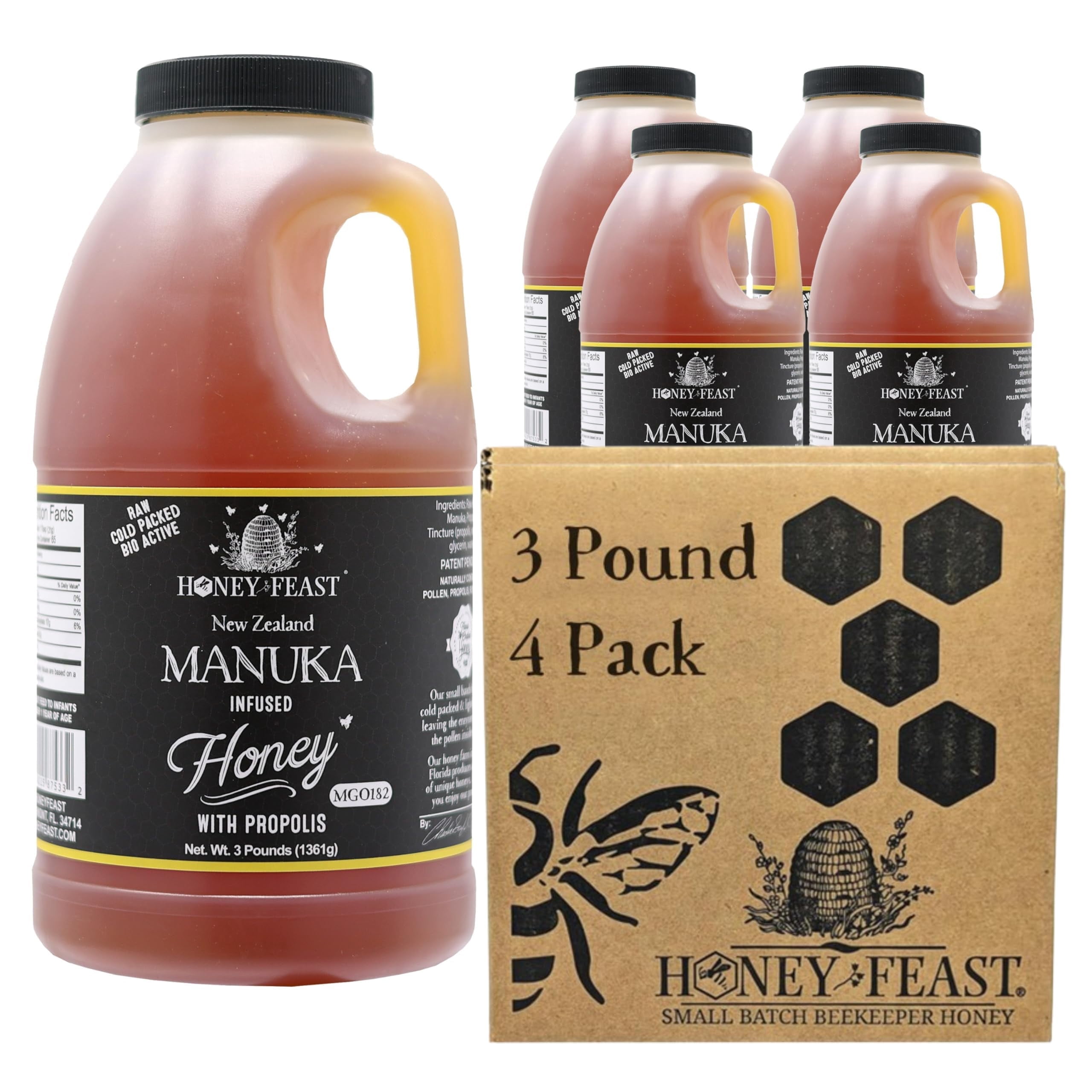 HONEY FEAST Manuka & Propolis Infused Honey 3 Pounds (Pack of 4), MGO 182 – New Zealand Manuka Blend with Propolis, Patent-Pending Formula