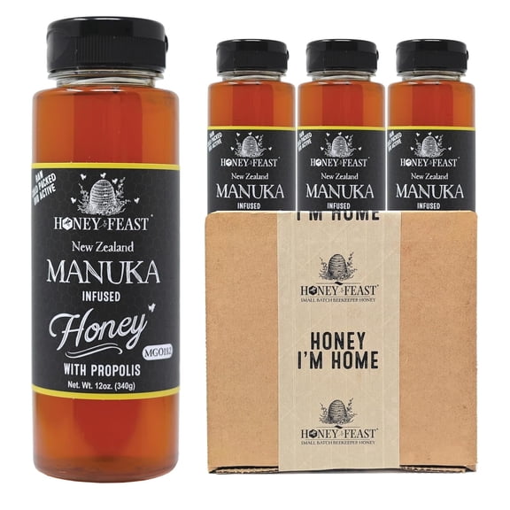 HONEY FEAST New Zealand Manuka Infused Raw Honey with Propolis 12OZ (Pack of 3) - Patent Pending Formula, MGO182 Rating