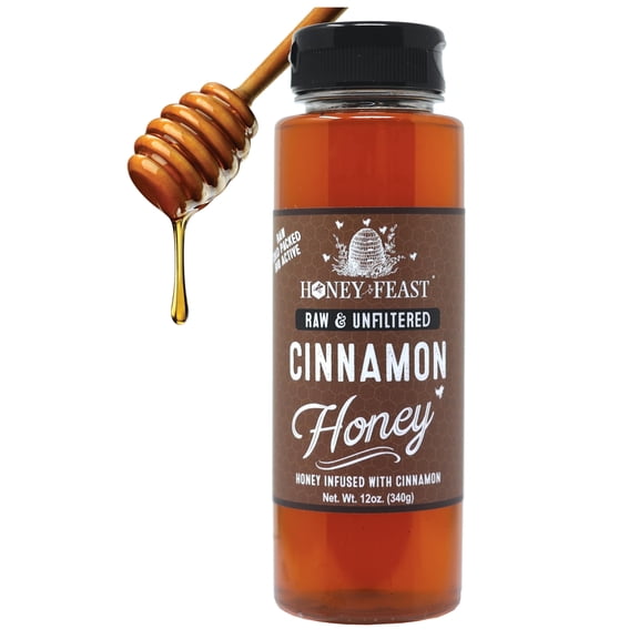 HONEY FEAST Organic Cinnamon Honey - Raw and Cold Packed - 12 Ounces - Small Batch Beekeeper Honey