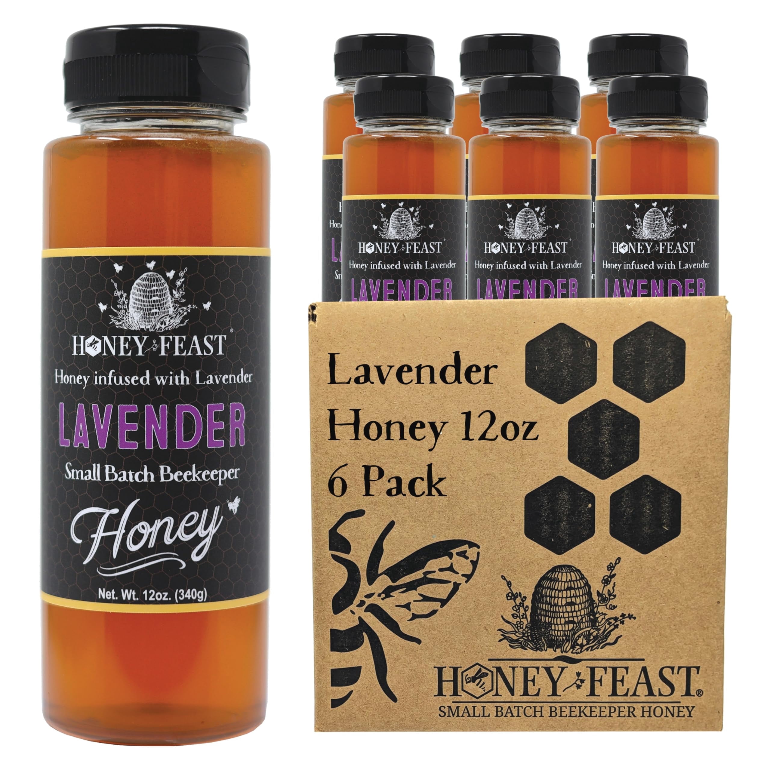 HONEY FEAST Organic Lavender Honey Jar 12OZ (Pack of 6) - Gourmet Flavored Honey | Tea, Cooking & Baking Companion | Crafted in Florida by Local Beekeepers
