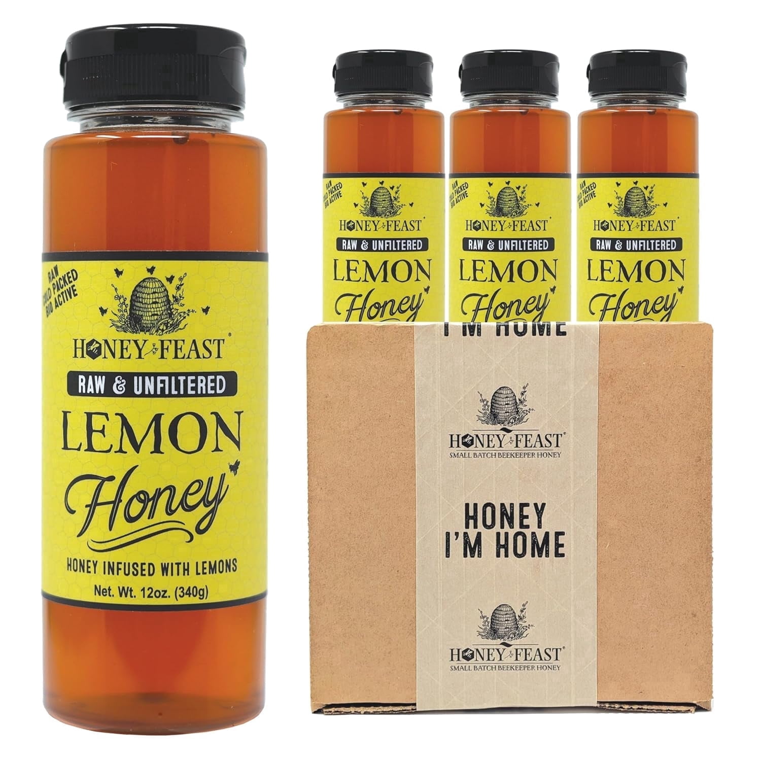 HONEY FEAST Organic Lemon Honey 12OZ (Pack of 3) | Zesty Florida Lemon Infused Honey | Unfiltered & Pure | Enhance Your Culinary & Tea Experience