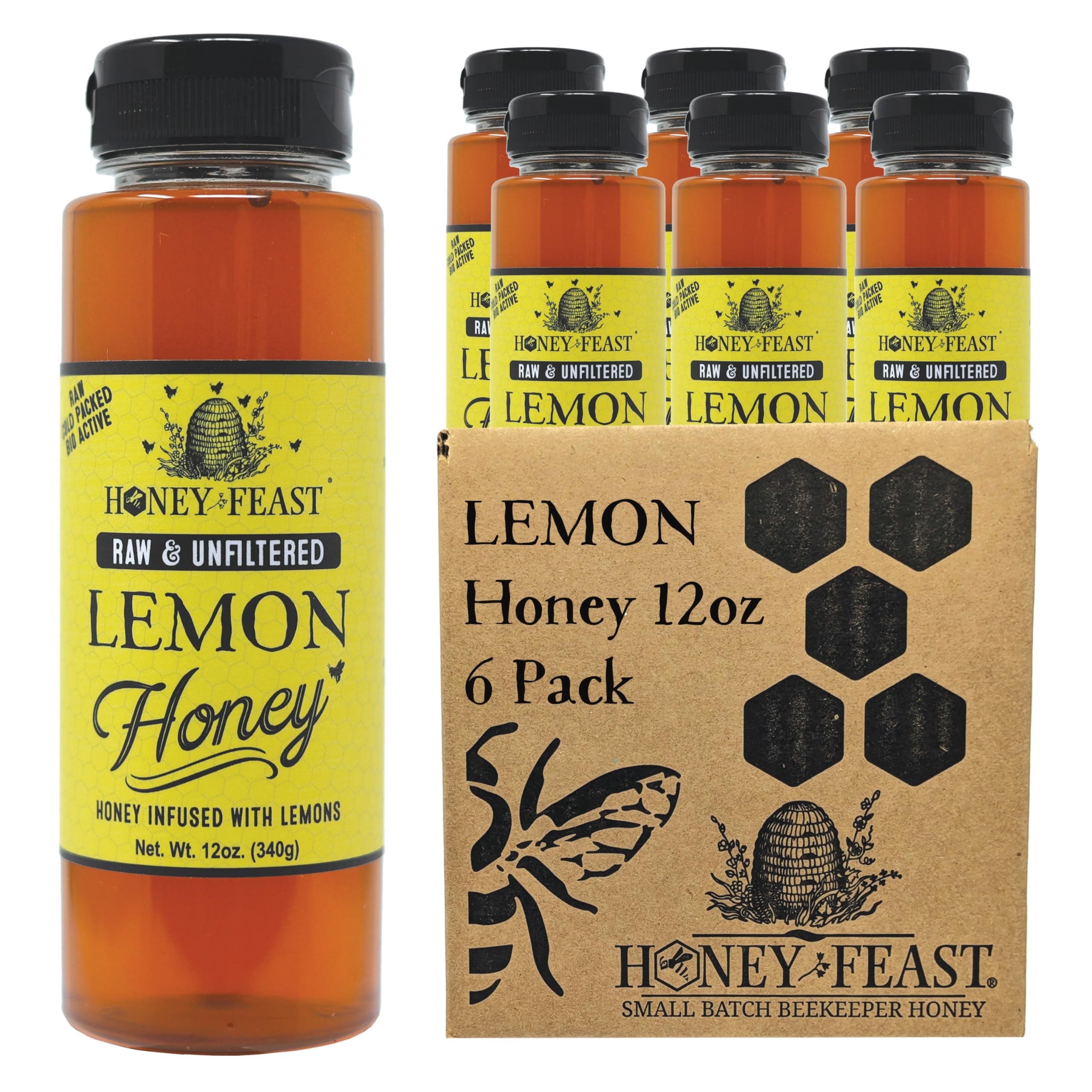 HONEY FEAST Organic Lemon Honey 12OZ (Pack of 6) | Zesty Florida Lemon Infused Honey | Unfiltered & Pure | Enhance Your Culinary & Tea Experience