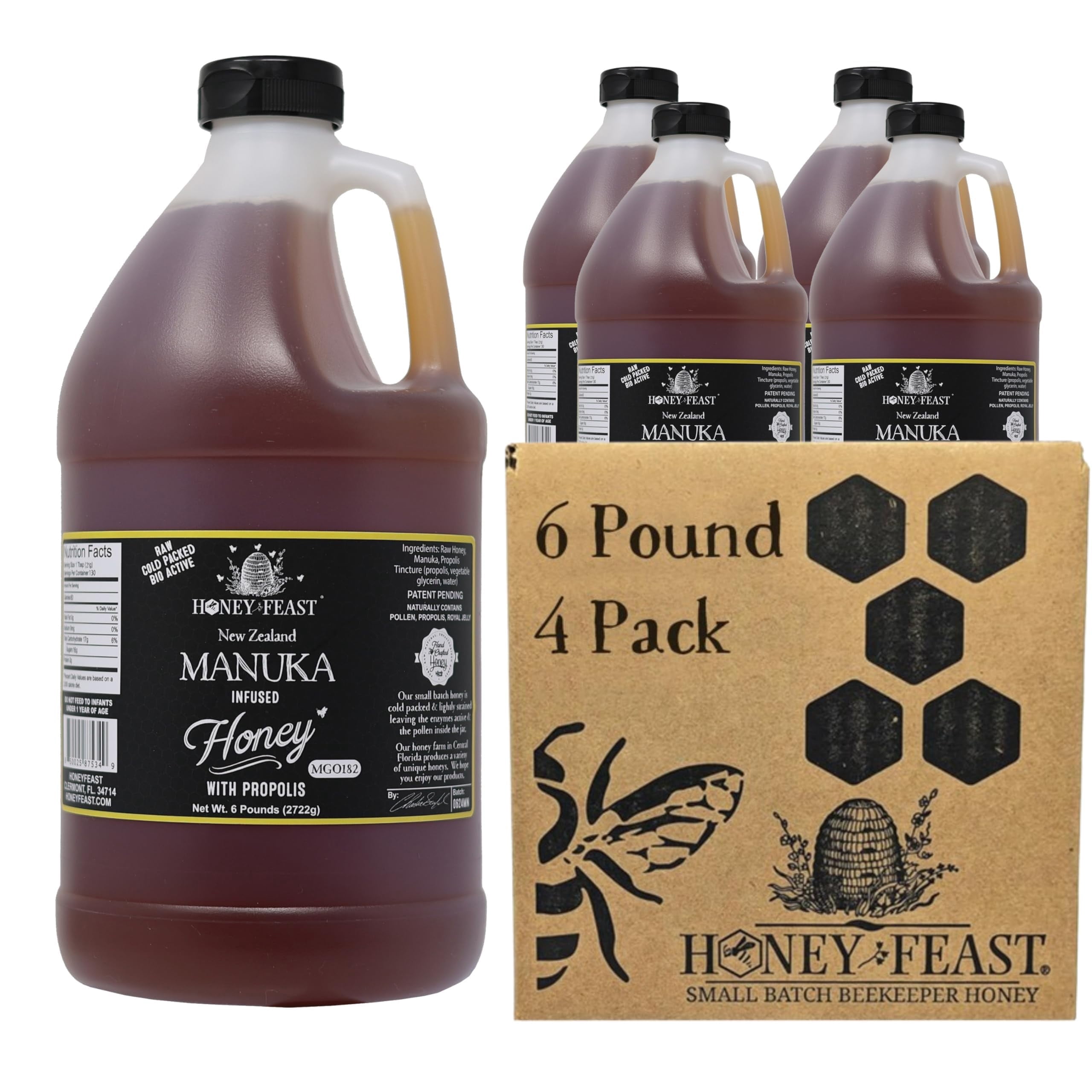 HONEY FEAST Propolis Infused Raw Manuka Honey 6 Pound (Pack of 4) – New Zealand Manuka Blend with Propolis, MGO182, Patent Pending Formula