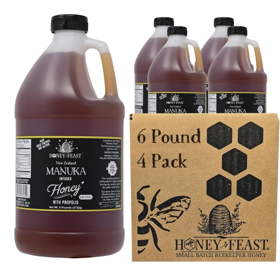 HONEY FEAST Propolis Infused Raw Manuka Honey 6 Pound (Pack of 4)  New Zealand Manuka Blend with Propolis, MGO182, Patent Pending Formula