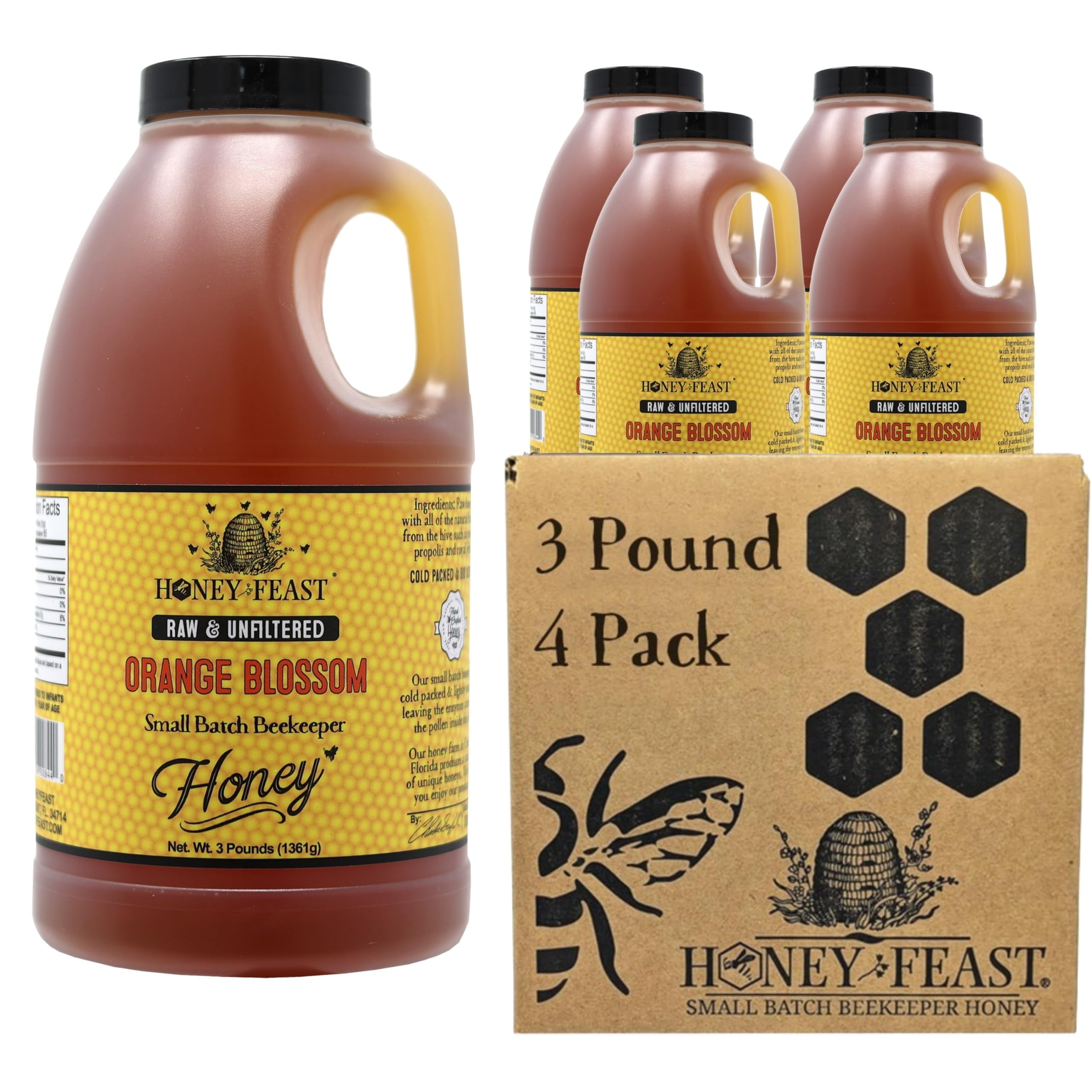 HONEY FEAST Raw Orange Blossom Honey 3 Pounds (Pack of 4), Unfiltered & Pure – Fresh Florida Superfood from American Organic Floral Sources