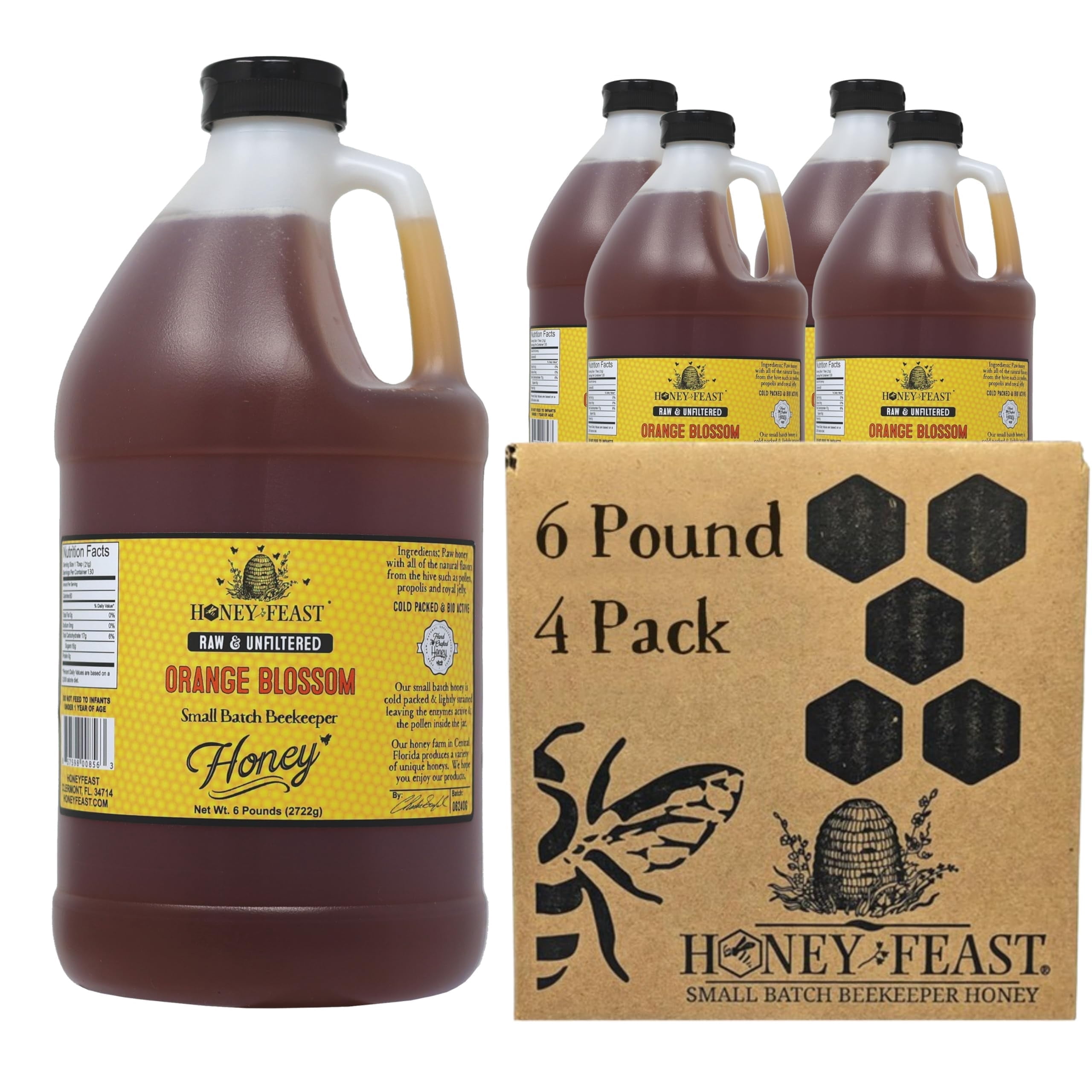 HONEY FEAST Raw Orange Blossom Honey - 6 Pounds (Pack of 4), All Natural, Unfiltered, Unheated, from Oranges, Perfect for Sweetening & Baking