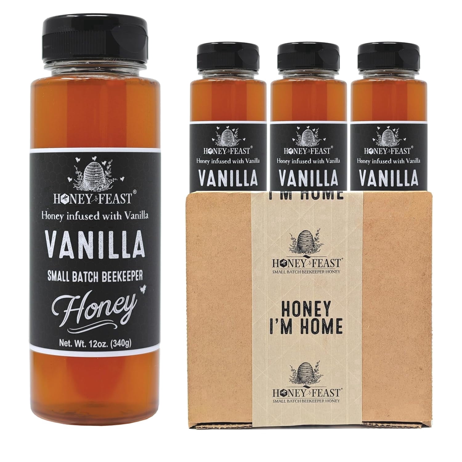 HONEY FEAST Raw Vanilla Honey 12OZ (Pack of 3) - Unfiltered and Pure - Cold packed and hand poured in Florida, USA