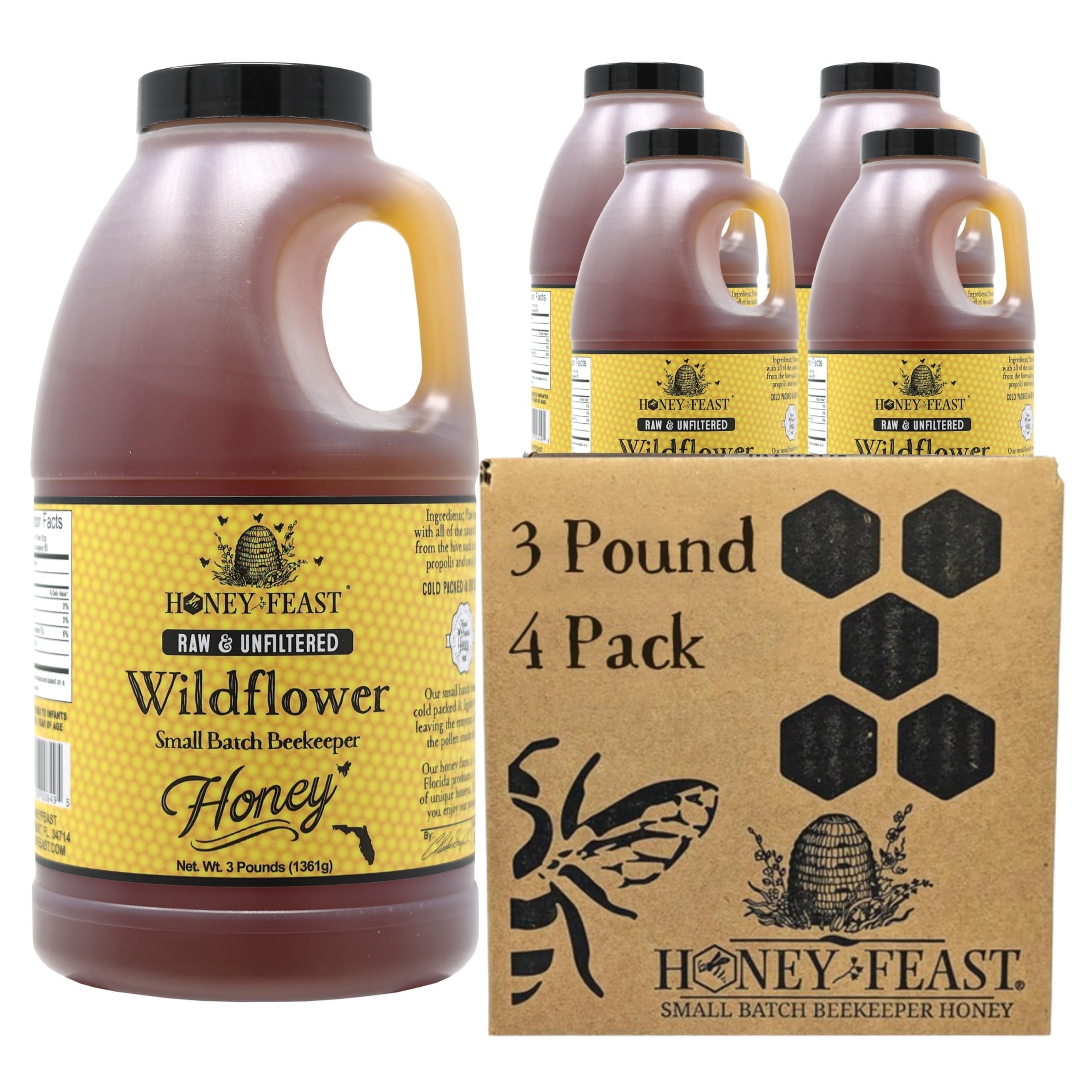 HONEY FEAST Raw Wildflower Honey 3 Pounds (Pack of 4) – American Organic Floral Sources