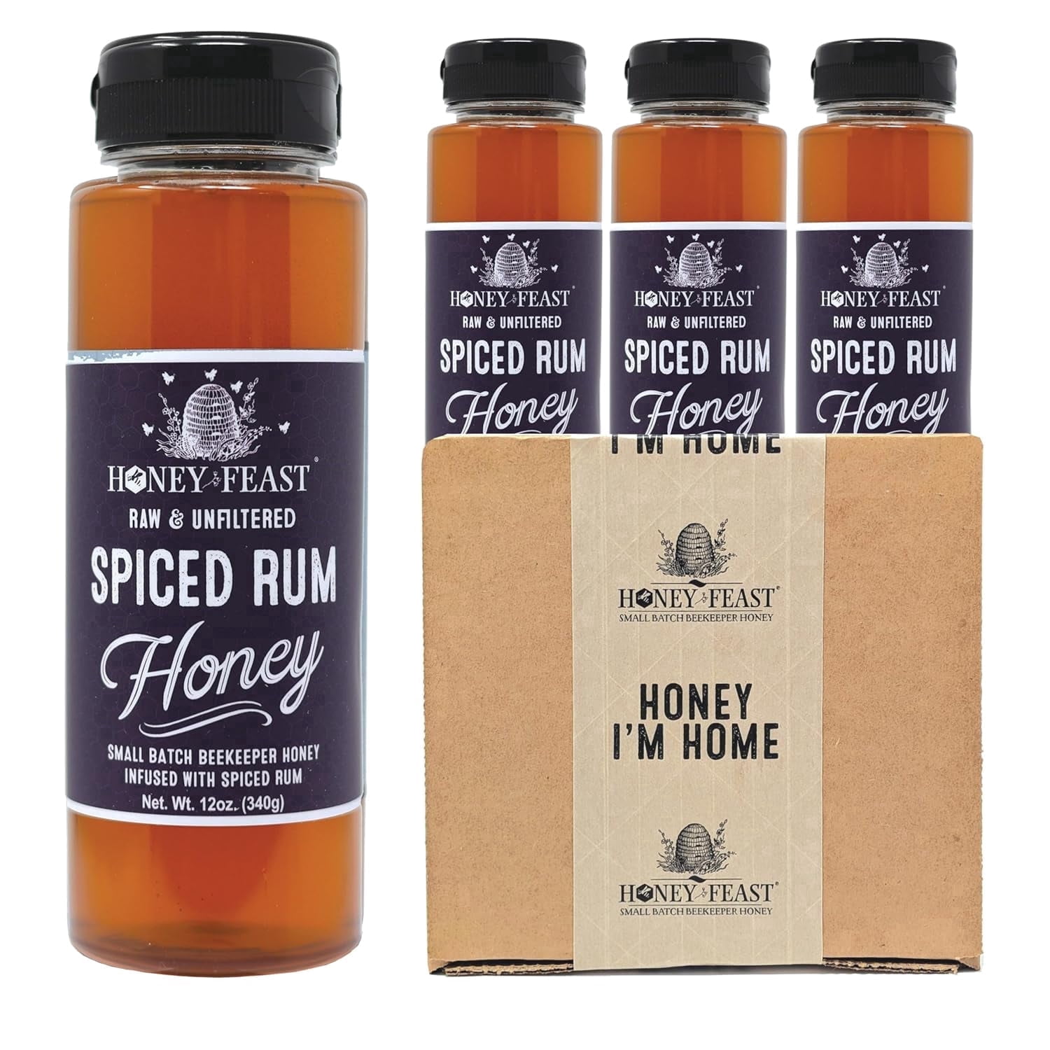 HONEY FEAST Spiced Rum Honey Jars 12oz (Pack of 3) | Multi-Pack Flavored Honey | Unique Gourmet Gift