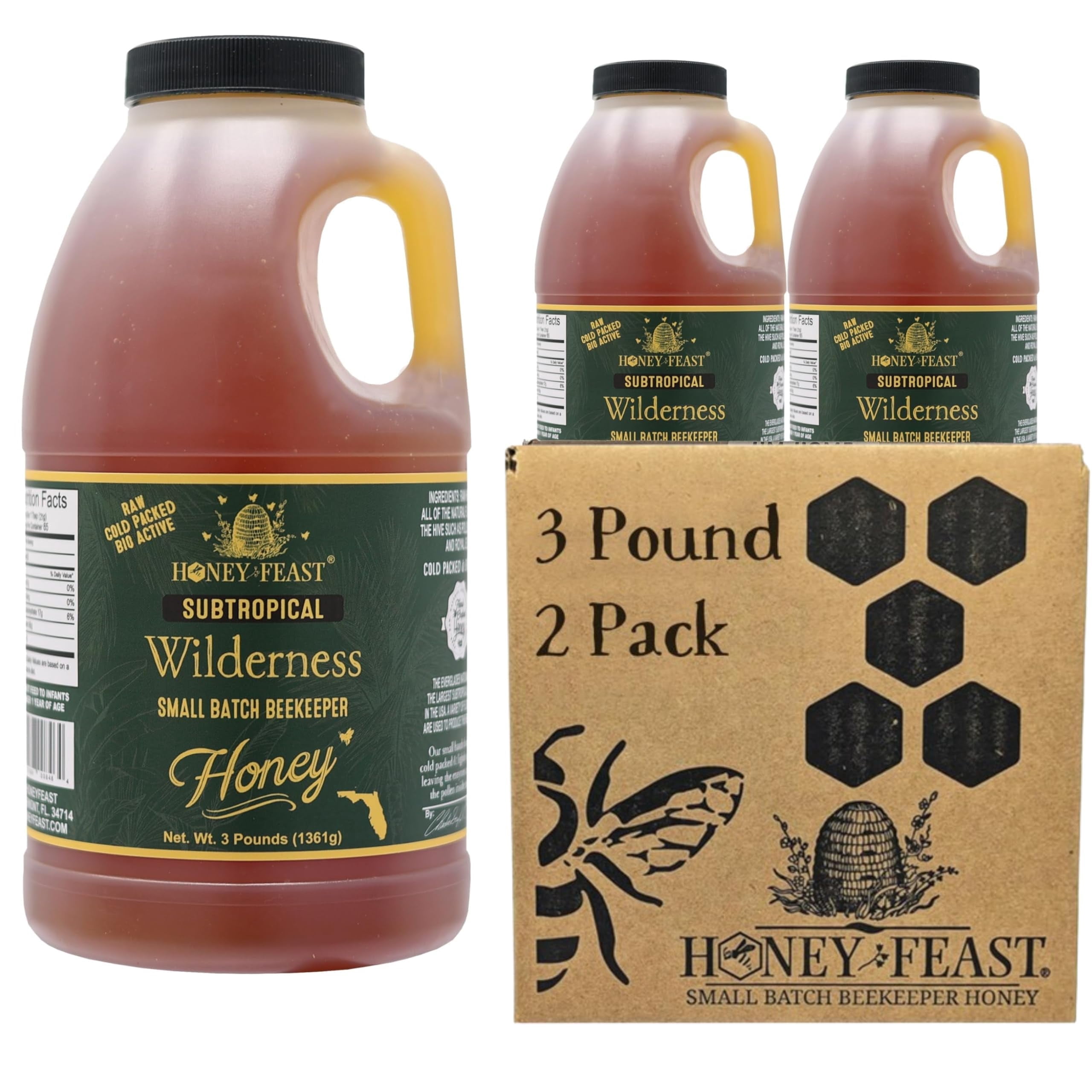 HONEY FEAST Subtropical Wilderness Honey 3 Pounds (Pack of 2), Raw & Unfiltered – Small-Batch Beekeeper Craft Treasure