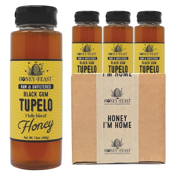 HONEY FEAST Tupelo Honey 12OZ (Pack of 3)- Pure Raw Authentic Honey from Black Gum Tupelo