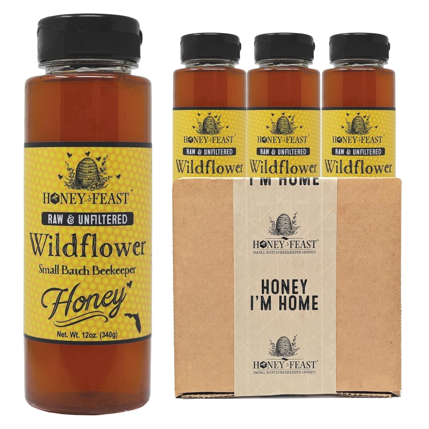 HONEY FEAST Wildflower Honey 12OZ (Pack of 3) - Raw Honey Multipack, Naturally Unfiltered, Perfect for Tea and Kitchen Use