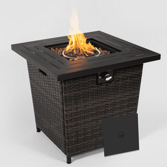 HONEY HOME 28'' Propane Fire Pit Table, 50,000 BTU Fire Stove with Steel Lid, Big InclinedLegs, Laval Rocks
