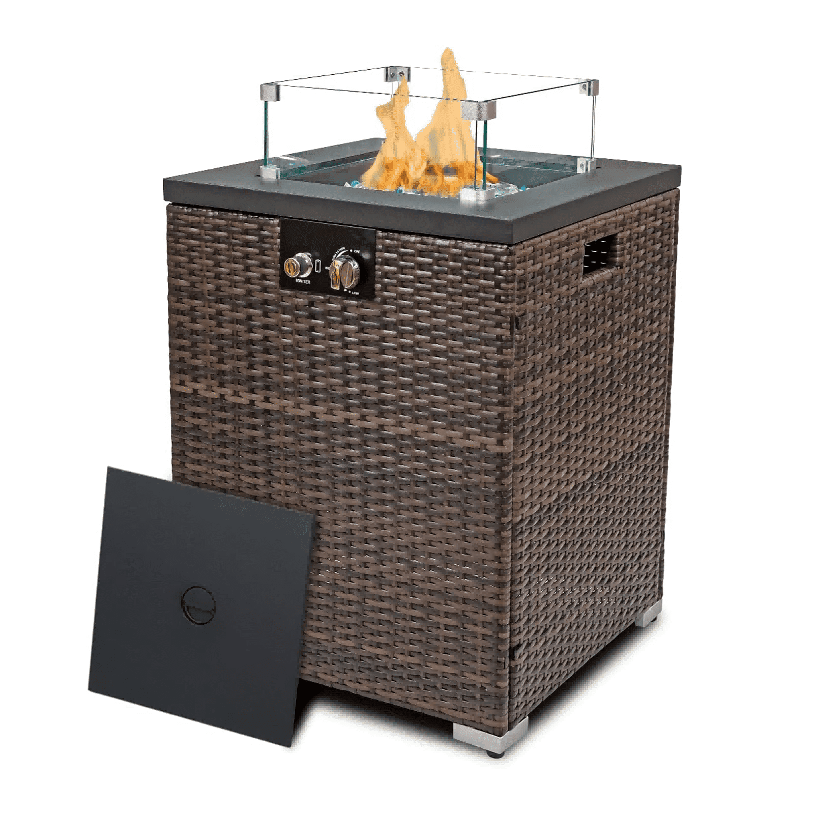 HONEY HOME 22 in Outdoor Propane Gas Fire Pit Table, 50,000 BTU Auto-Ignition Gas Firepit with Glass Wind Guard, Marble Tile Tabletop, Mixed Color Glass Rocks, Brown PE Rattan