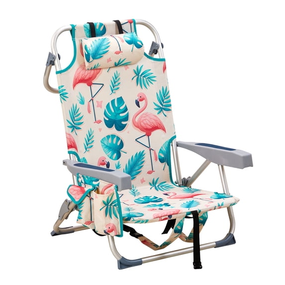 HONEY HOME Beach Chair, 5 Level Adjustable Positions Camping Chair with Back Storage Bag, Cooler Pouch and Side Bags for Beach Poolside Lawn