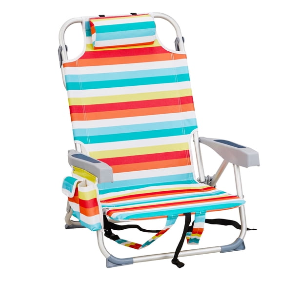 HONEY HOME Beach Chair, 5 Level Adjustable Positions Camping Chair with Back Storage Bag, Cooler Pouch and Side Bags for Beach Poolside Lawn