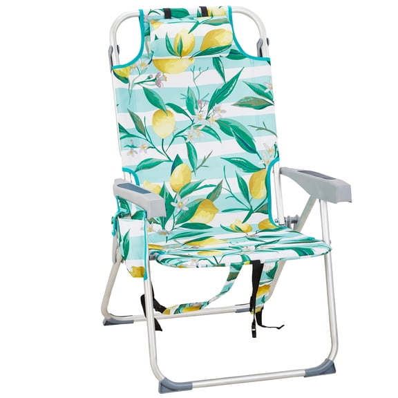 HONEY HOME Beach Chair, 5 Level Adjustable Positions Camping Chair with Back Storage Bag, Cooler Pouch and Side Bags for Beach Poolside Lawn
