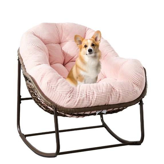 HONEY HOME Outdoor Papasan Rocking Chair, Oversized Indoor Rocking Chair with Cushion, Rattan Wicker Egg Chairs with Steel Frame, Porch Rocker Chairs Furniture for Garden Lawn Bedroom Living Room