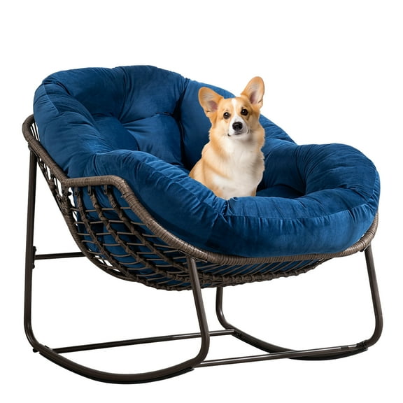 HONEY HOME Outdoor Papasan Rocking Chair, Oversized Indoor Rocking Chair with Cushion, Rattan Wicker Egg Chairs with Steel Frame, Porch Rocker Chairs Furniture for Garden Lawn Bedroom Living Room