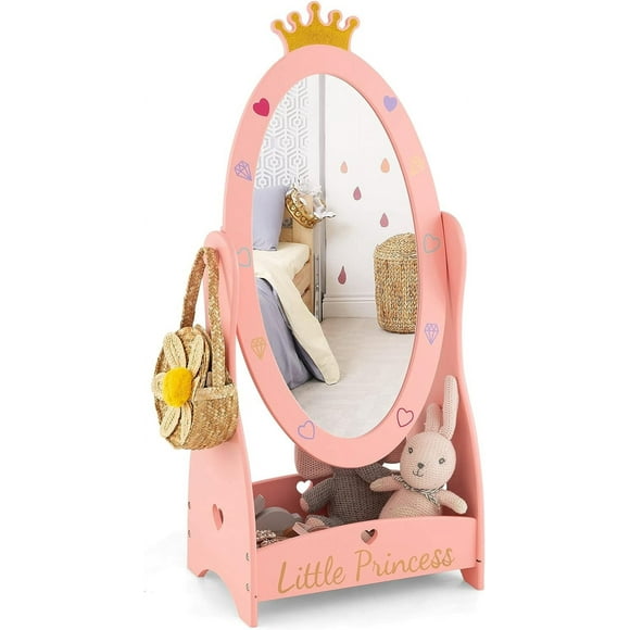HONEY JOY Pink Kids Full Length Mirror,  Free-Standing Dressing Mirror w/Bottom Shelf & Storage Box, Side Hook, 360 Degree Rotating Wooden Mirror for Little Girls Bedroom, Playroom (Pink)