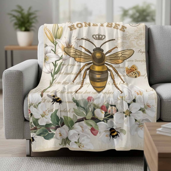 HONEYBEE Fleece Throw Blanket Bees Turquoise Farmhouses Antique Letters Ultra Soft Fuzzy Cozy Flannel Throw Blanket for Couch Sofa Bed Car Travel, Ideal Gifts 30x40 Inches