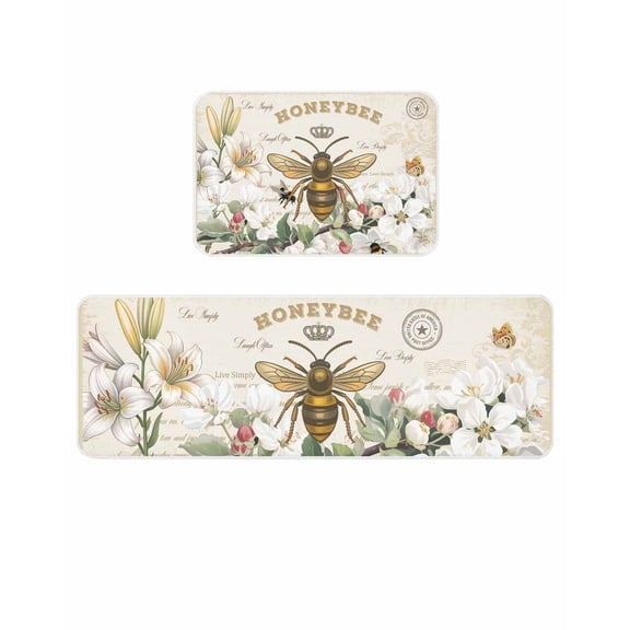 HONEYBEE Kitchen Mats for Floor 2 Piece, Bees Turquoise Farmhouses Antique Letters Absorbent Non-Slip Kitchen Rugs Comfort Standing Mat for Laundry, Hallways 20"x24"+20"x48"