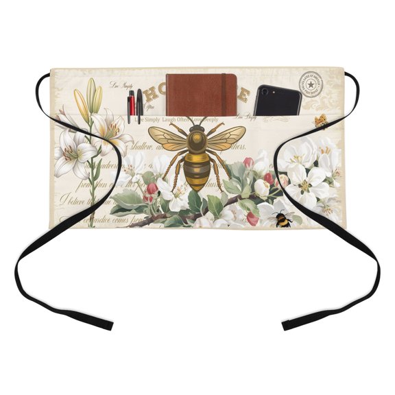 HONEYBEE Kitchen Restaurant Half Waist Apron, Bees Turquoise Farmhouses Antique Letters Server Short Apron with 3 Pockets Waterproof Oil Waist Aprons for Women Waitress Waiter