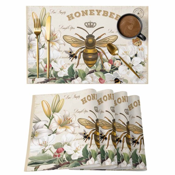 HONEYBEE Placemats Set of 1, Bees Turquoise Farmhouses Antique Letters Non-Slip Place Mats Washable Table Mats for Kitchen Dining Table Decorations Indoor/Outdoor