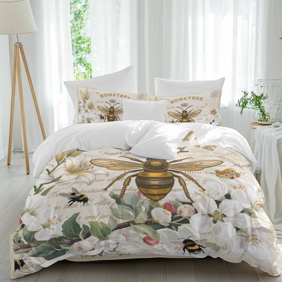 HONEYBEE Queen Size Comforter Set, Bees Turquoise Farmhouses Antique Letters Bedding for All Seasons, 4 Pcs Bed Set, 1Quiltcover (90"x92") ,1Sheet(94"x116"), 2Pillowcases (30"x20")