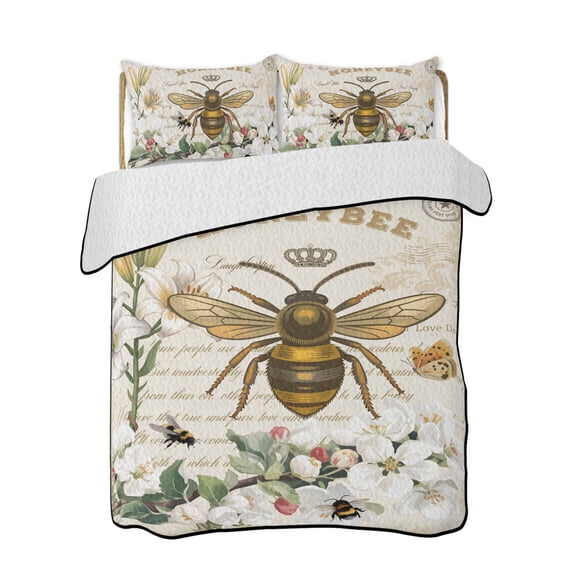 HONEYBEE Quilts Bedding Set California King Bees Turquoise Farmhouses Antique Letters Lightweight Quilted Bedspread 3 Piece Bed Quilt with 2 Pillow Shams All Season for Bedroom 96" x 106"