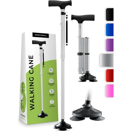 HONEYBULL Walking Cane for Men & Women - Foldable, Adjustable, Collapsible, Free Standing Cane, Pivot Tip, Heavy Duty, with Travel Bag , Walking Sticks, Folding Canes for Seniors & Adults [Silver] Pivot Cane Silver