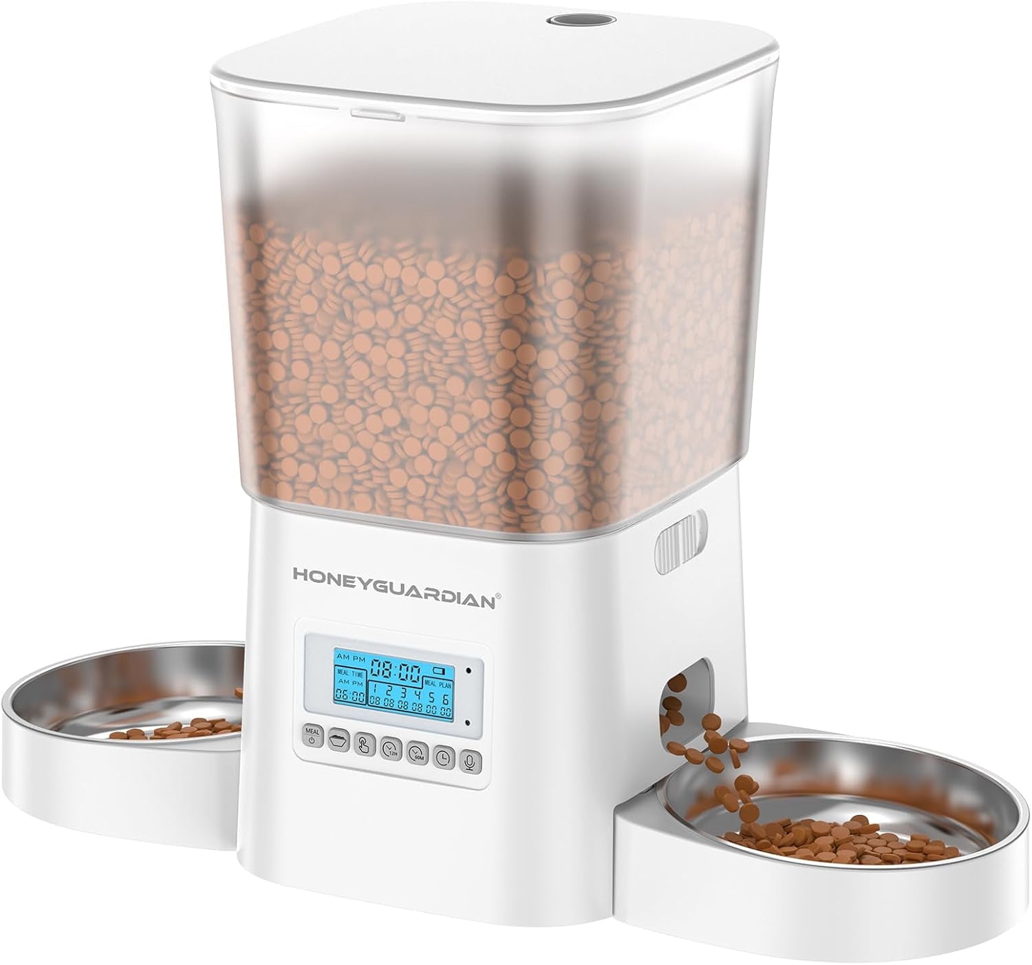 HONEYGUARDIAN Automatic Cat Feeder for 2 Cats 3.5L, Cat Food Dispenser with Stainless Steel Bowl,Timed Cat Feeder for Dry Food Programmable 1-6 Meals Control,Desiccant Bag,10s Meal Call