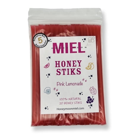 HONEYMOON MIEL 100% NATURAL HONEY STICKS KIDS WILL LOVE BETTER THAN CANDY 20 PACK + 5 FREE (PINK LEMONADE)