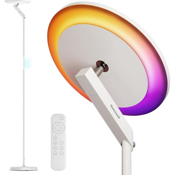HONEYWELL 3000LM LED Floor Lamp, Smart RGB Floor Lamp with Remote Control, F2 Sunturalux™ 40W Eye-Caring Reading Light, 2700-5000K 6 RGB Modes Tall Standing Lamp for Bedroom Living Room Office White